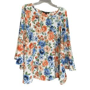 Zac & Rachel Woman Floral Bell Sleeve Tunic Top Blouse Plus Size 2X Orange Blue